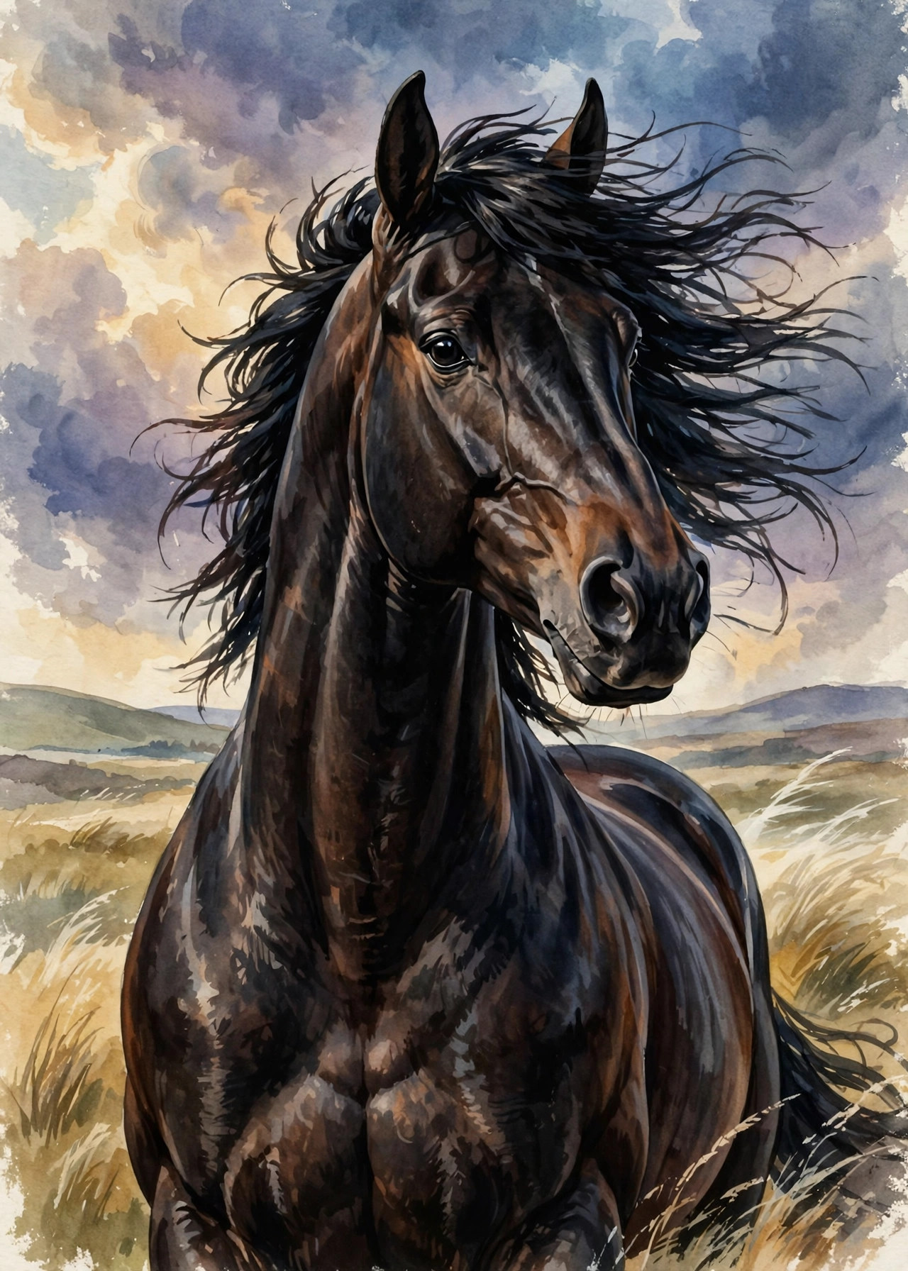 Invictus — his gold card portrait: a great dark war horse with a wind-blown black mane and dark brown eyes