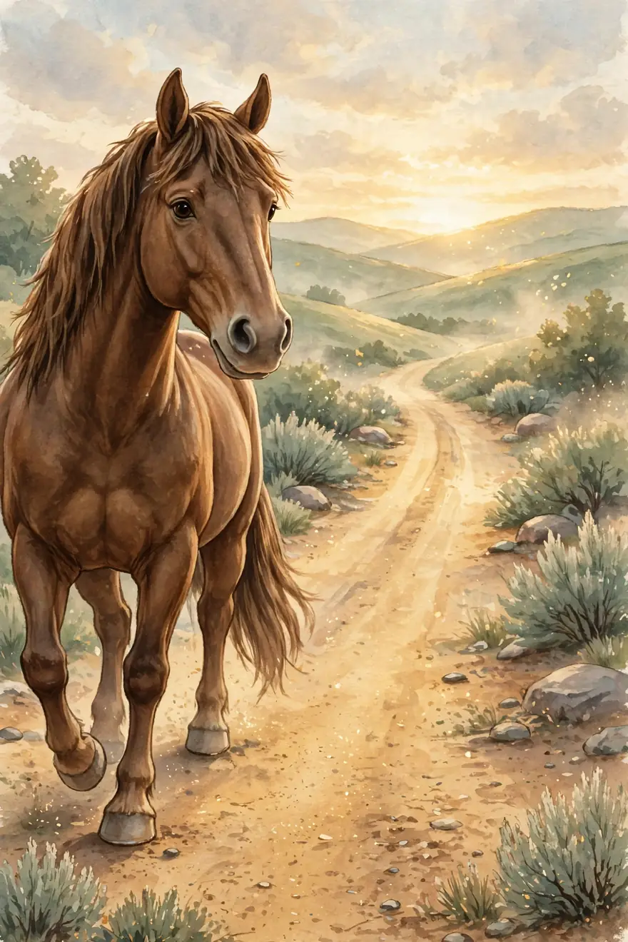Invictus, a great brown war horse with dark brown eyes, standing large at the start of a long dusty road under a wide dawn sky
