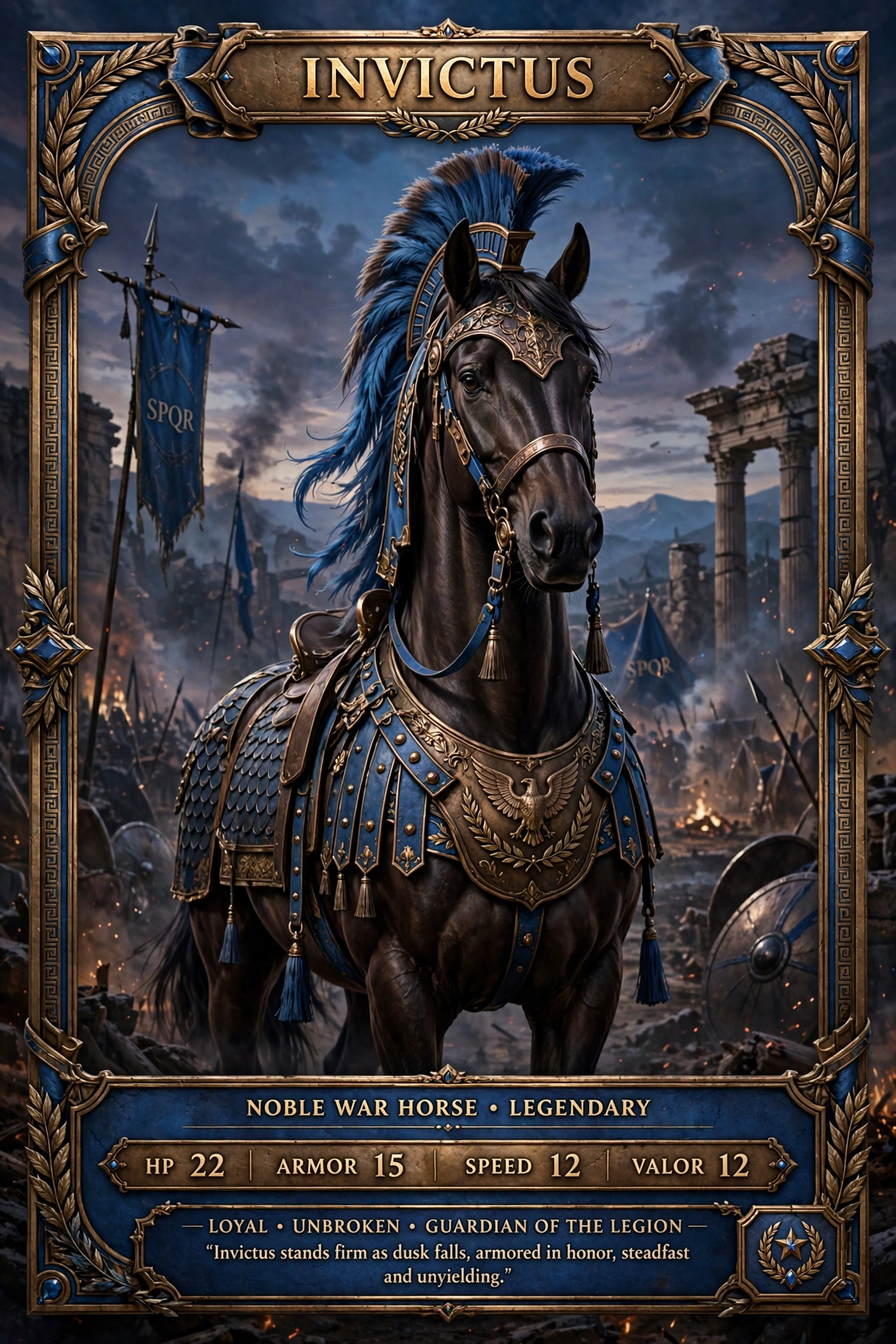 A portrait of Invictus the war horse in his blue and gold armour