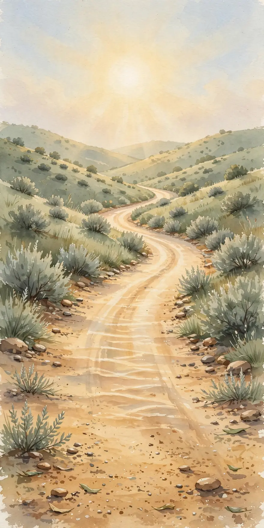 The long road curving between sage hills under a high noon sun