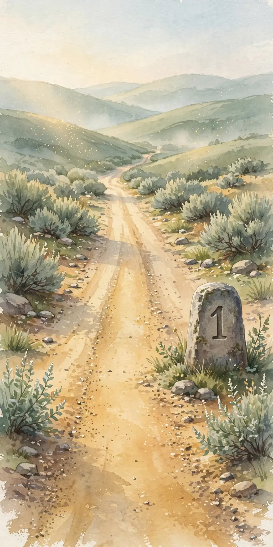 The dusty road in early morning light, passing the first mile stone