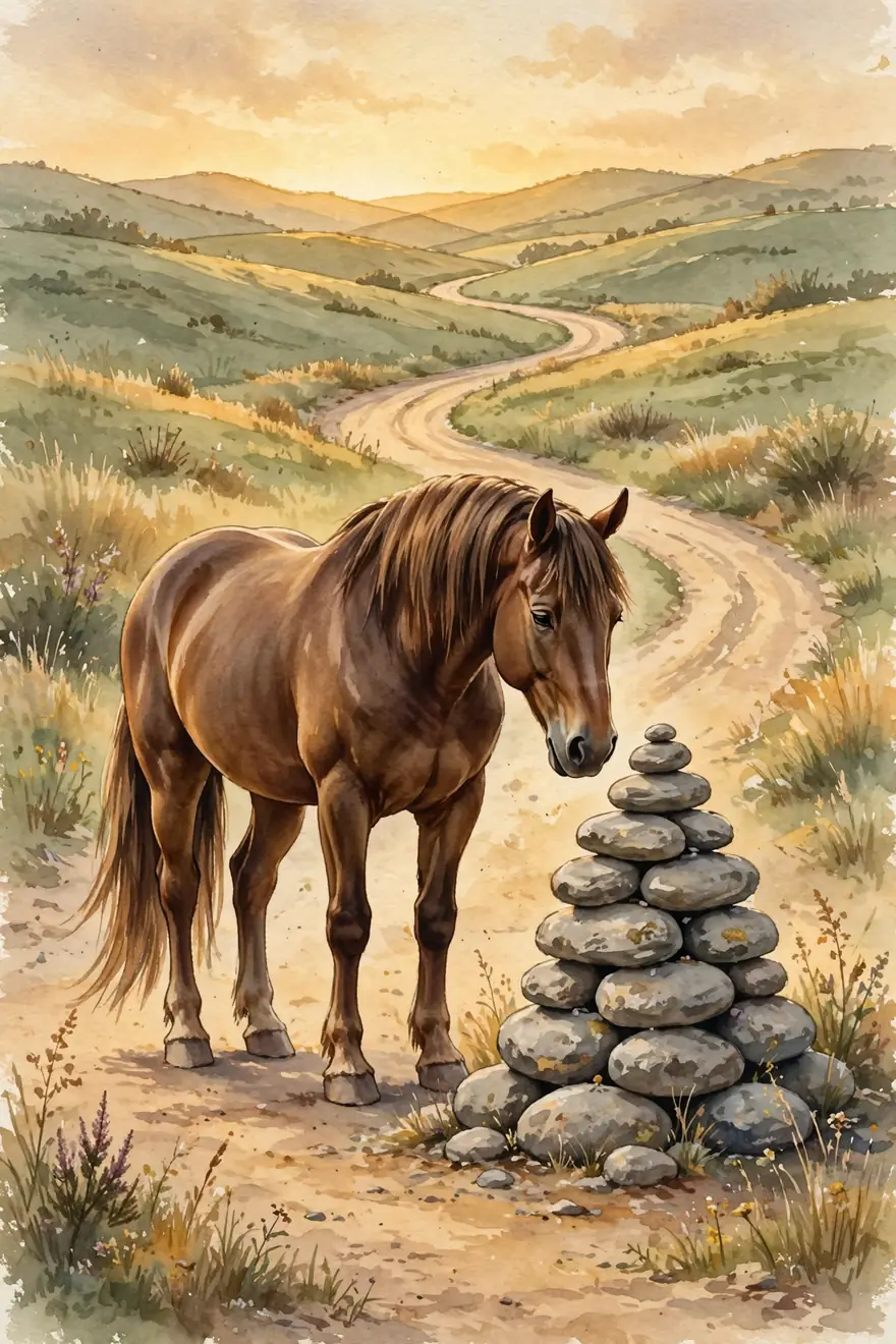 Invictus the horse standing quietly beside the tall cairn of stacked stones as the road winds on into golden hills at dusk