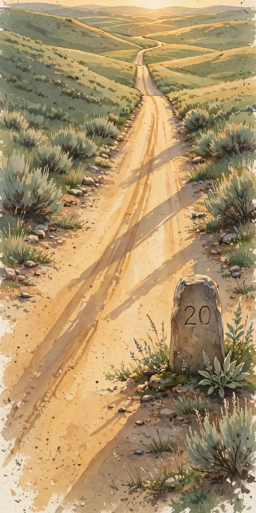 The long road in golden afternoon light with long shadows, passing the twentieth mile stone